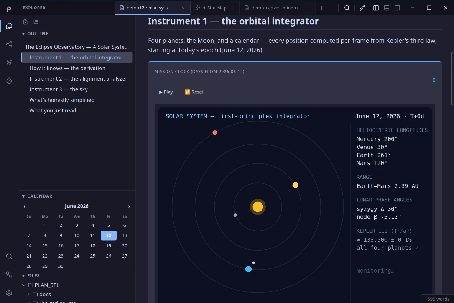 The Rho MD desktop app, dark theme: a solar-system document with outline, file tree and calendar in the sidebar, and a live orbital simulation computed from the markdown itself.