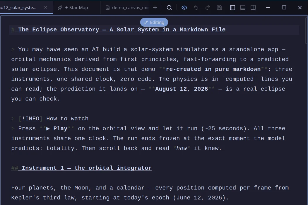 Edit mode with the source slider at raw Markdown: the document's plain-text source in a code editor.
