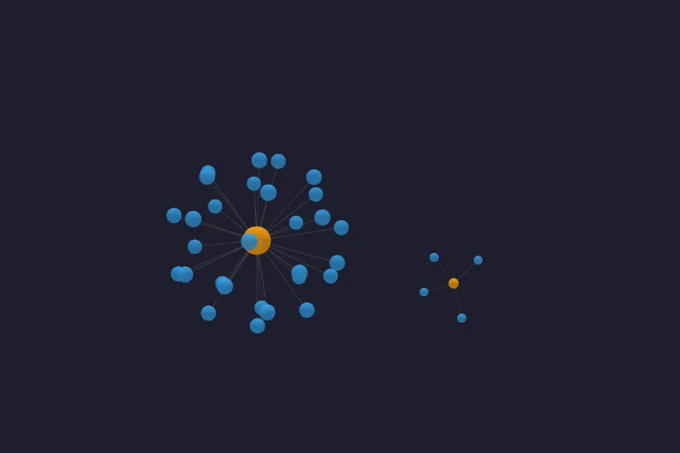 Psi's 3D star map: documents as blue stars clustered around orange folder hubs on a dark background.